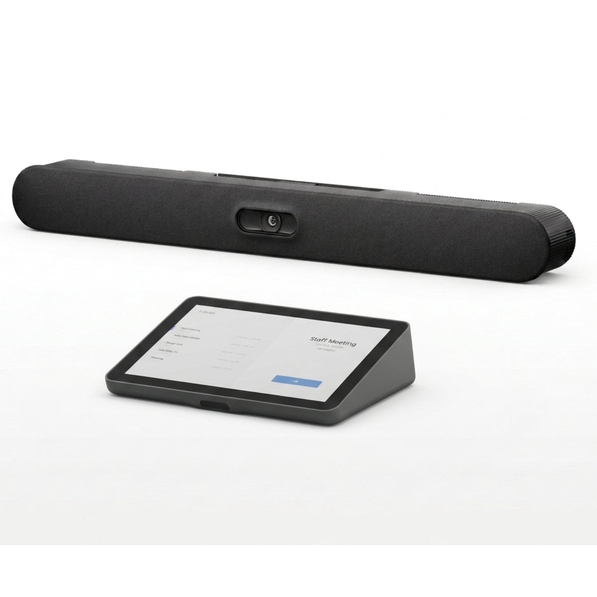 Google Meet Rally Bar 2 vergaderbar met tabletbediening op standaard