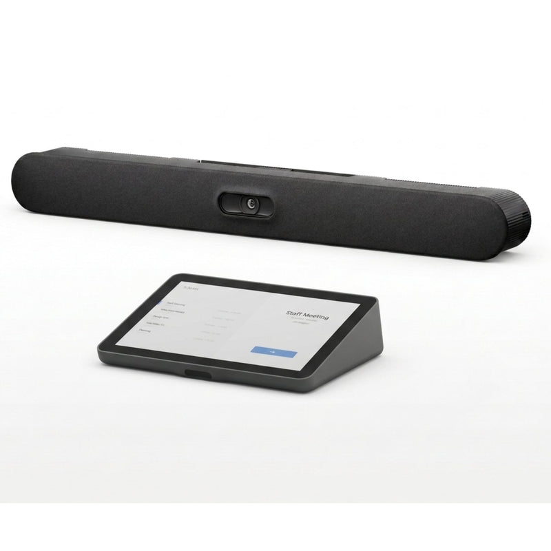 Google Meet Rally Bar 2 vergaderbar met tabletbediening op standaard