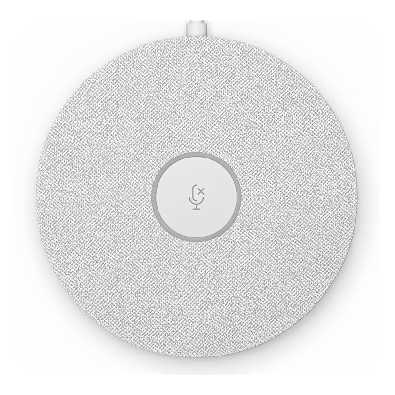Google Meet Rally pod-microfoon, lichtgrijze ronde behuizing met microfoonicoon