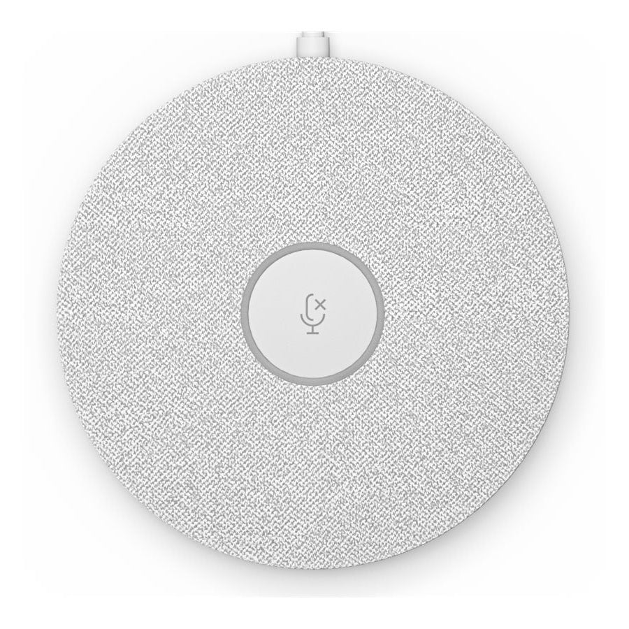 Google Meet Rally pod-microfoon, lichtgrijze ronde behuizing met microfoonicoon