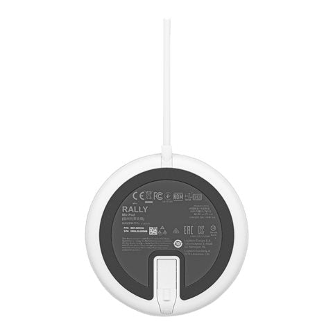 Google Meet Rally pod-microfoon, achterzijde met keurtekens en aansluitstuk