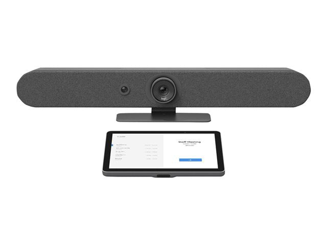 Google Meet Rally Bar Mini vergaderbalk met camera en tablet op standaard