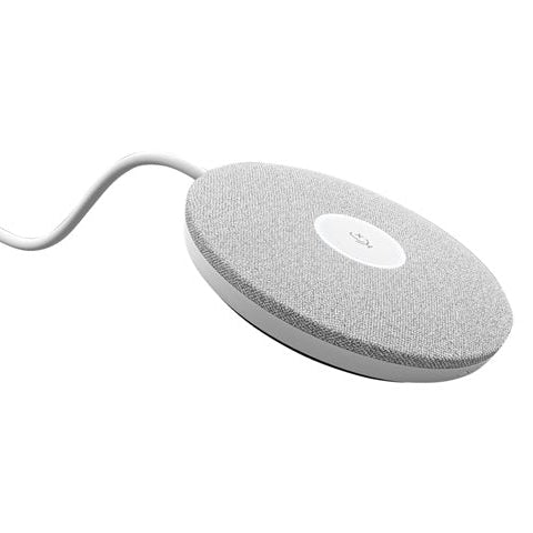 Google Meet Rally pod-microfoon, grijze ronde behuizing met microfoonicoon