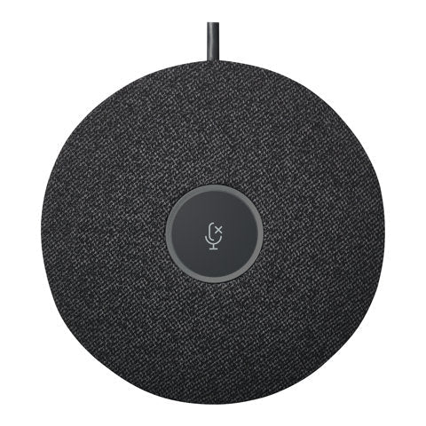 Google Meet Rally pod-microfoon, donkere ronde behuizing met microfoonicoon